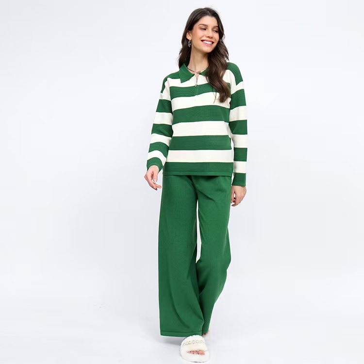 Winter Loose Knitted Long-Sleeve Striped V-Neck Knit Set