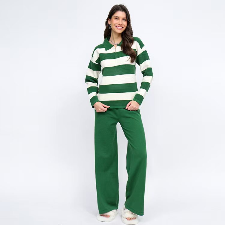 Winter Loose Knitted Long-Sleeve Striped V-Neck Knit Set