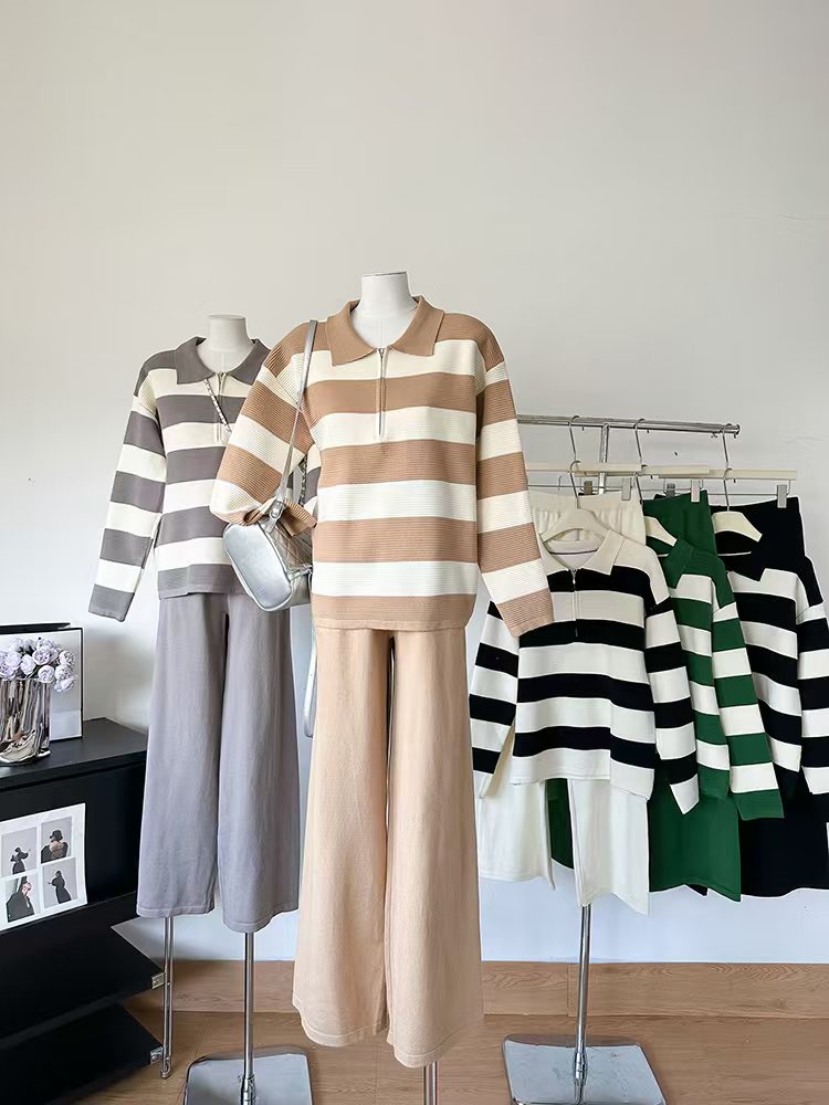 Winter Loose Knitted Long-Sleeve Striped V-Neck Knit Set