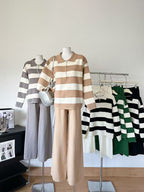 Winter Loose Knitted Long-Sleeve Striped V-Neck Knit Set