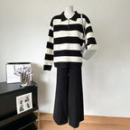 Winter Loose Knitted Long-Sleeve Striped V-Neck Knit Set