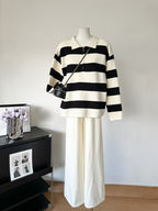Winter Loose Knitted Long-Sleeve Striped V-Neck Knit Set