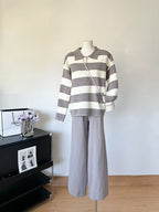 Winter Loose Knitted Long-Sleeve Striped V-Neck Knit Set