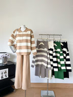 Winter Loose Knitted Long-Sleeve Striped V-Neck Knit Set