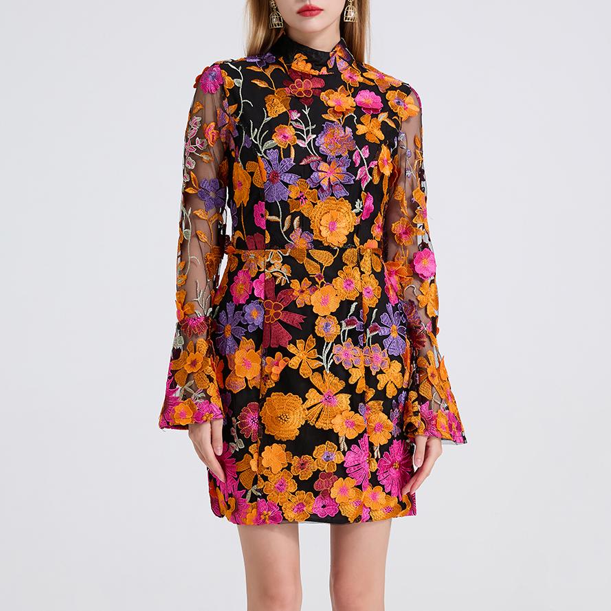 3D Floral Embroidered Long-Sleeve Mini Dress