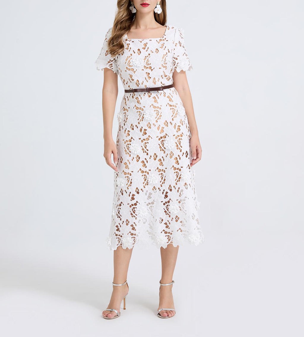 Embroidered Lace Square-Neck Midi Dress