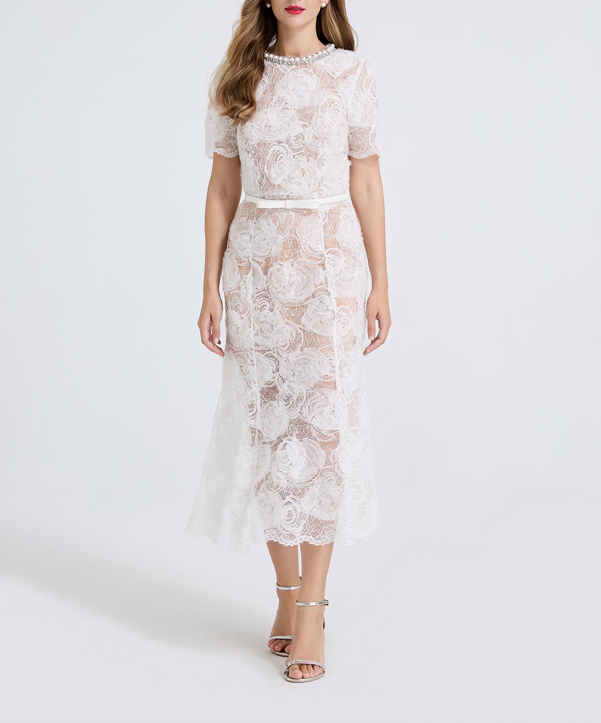 Women's Lace Beaded Rhinestone Bodycon Midi Dress