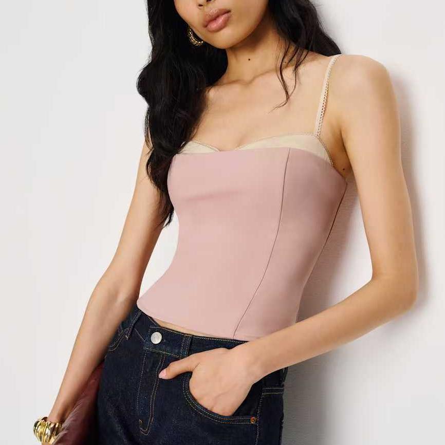 Women's Summer Women Clothing Sexy Slimming Tube Top Faux Two Pieces Contrast Color Spaghetti Strap Camisole Top Outer Wear
