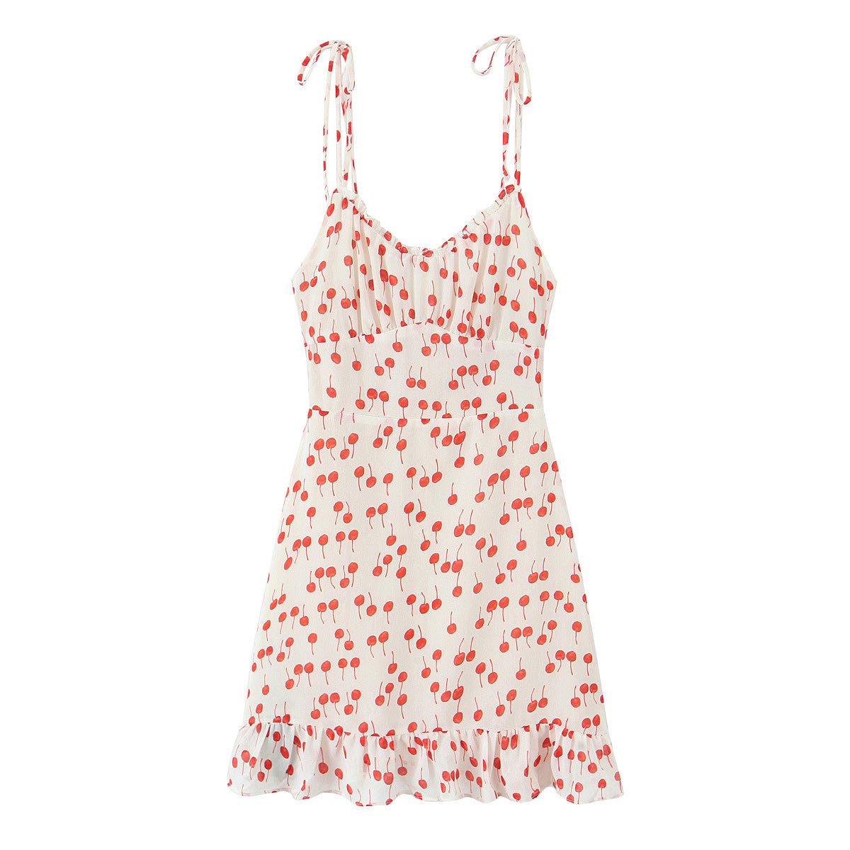 Sweet Printed Chic Wooden Ear Suspender French V-Neck Slim Short Dress