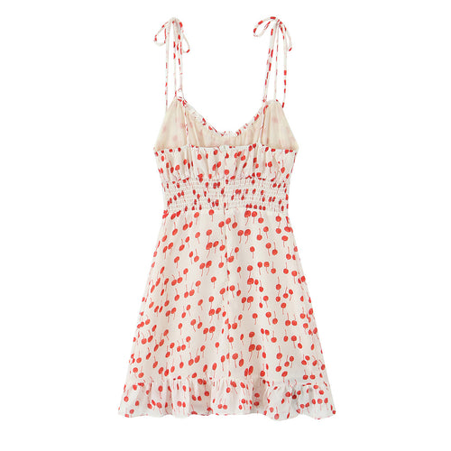 Spring Summer Sweet Printed Chic Wooden Ear Suspender French V neck Slim Short Dress