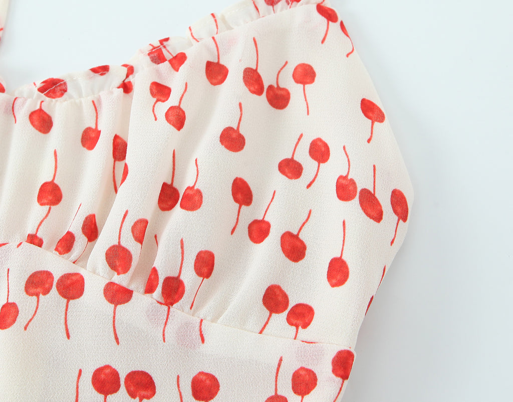Sweet Printed Chic Wooden Ear Suspender French V-Neck Slim Short Dress