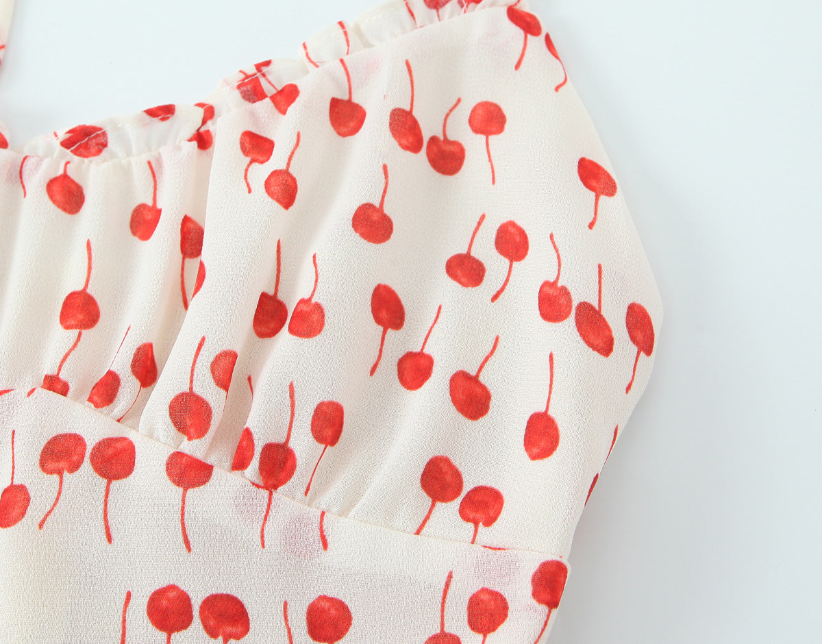 Sweet Printed Chic Wooden Ear Suspender French V-Neck Slim Short Dress