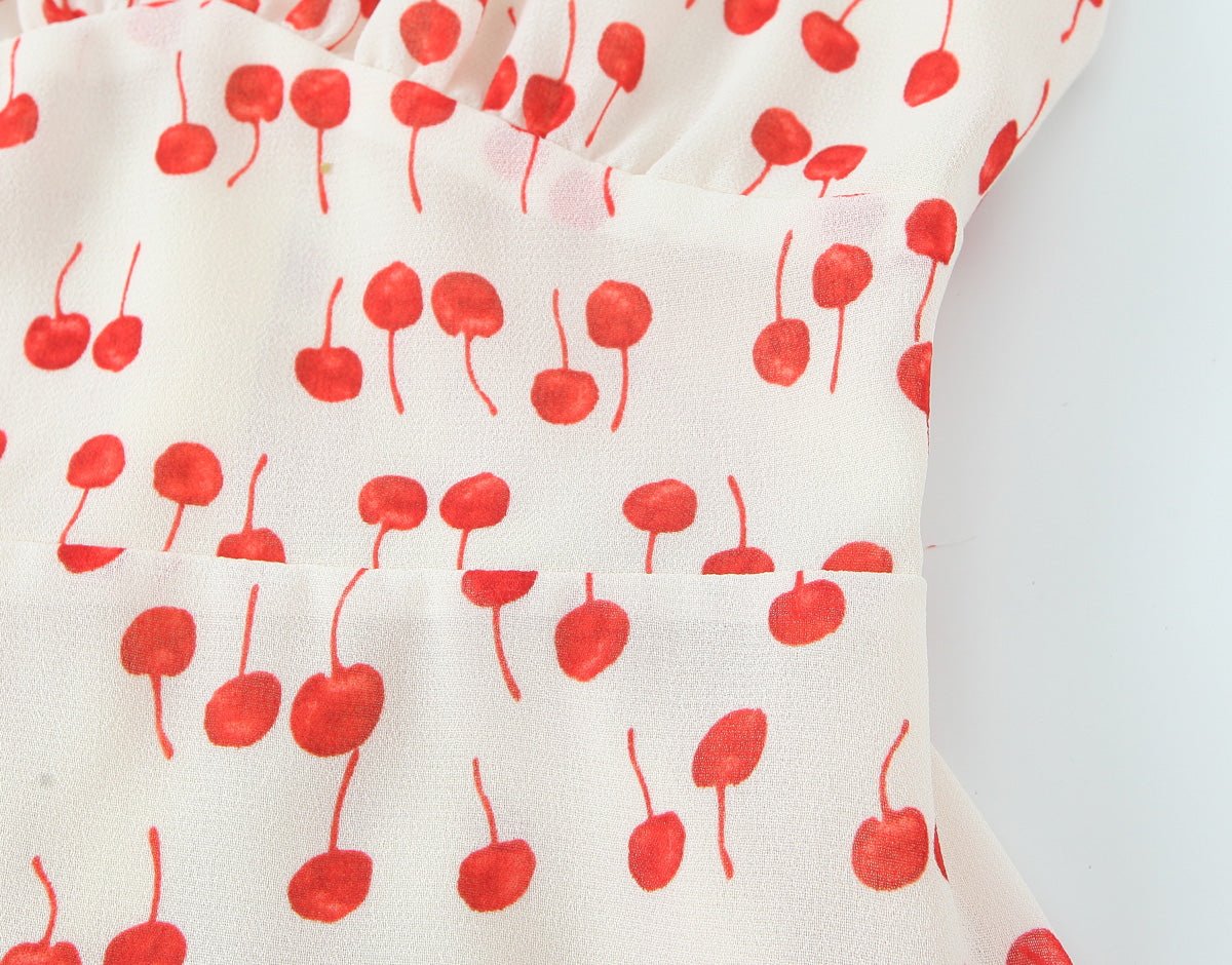 Sweet Printed Chic Wooden Ear Suspender French V-Neck Slim Short Dress