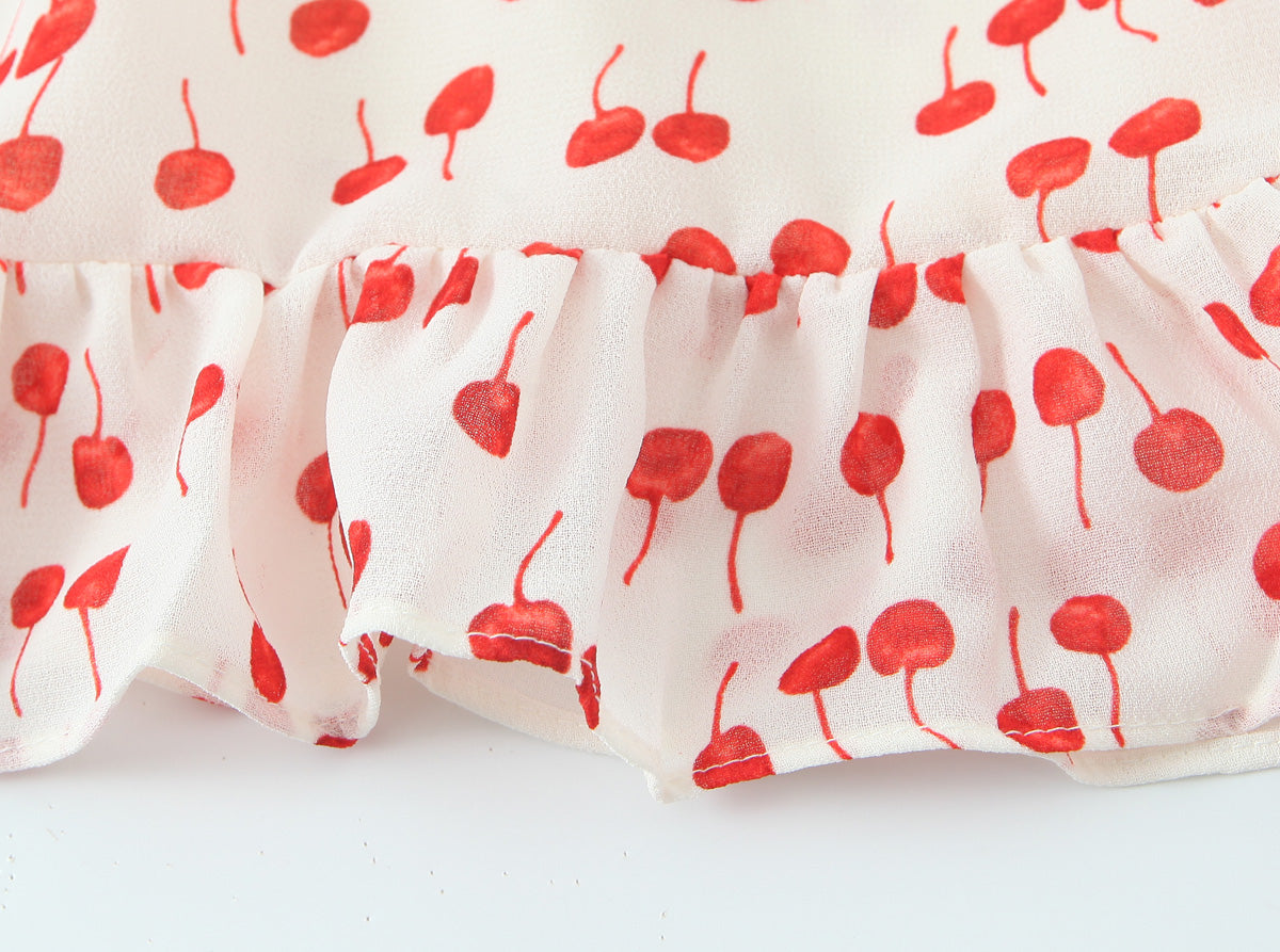 Sweet Printed Chic Wooden Ear Suspender French V-Neck Slim Short Dress