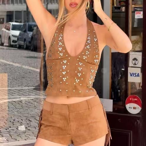 Women's Fall Backless Halter Vest Tassel Shorts Two Piece Sets Women's