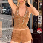 Women's Fall Backless Halter Vest Tassel Shorts Two Piece Sets Women's
