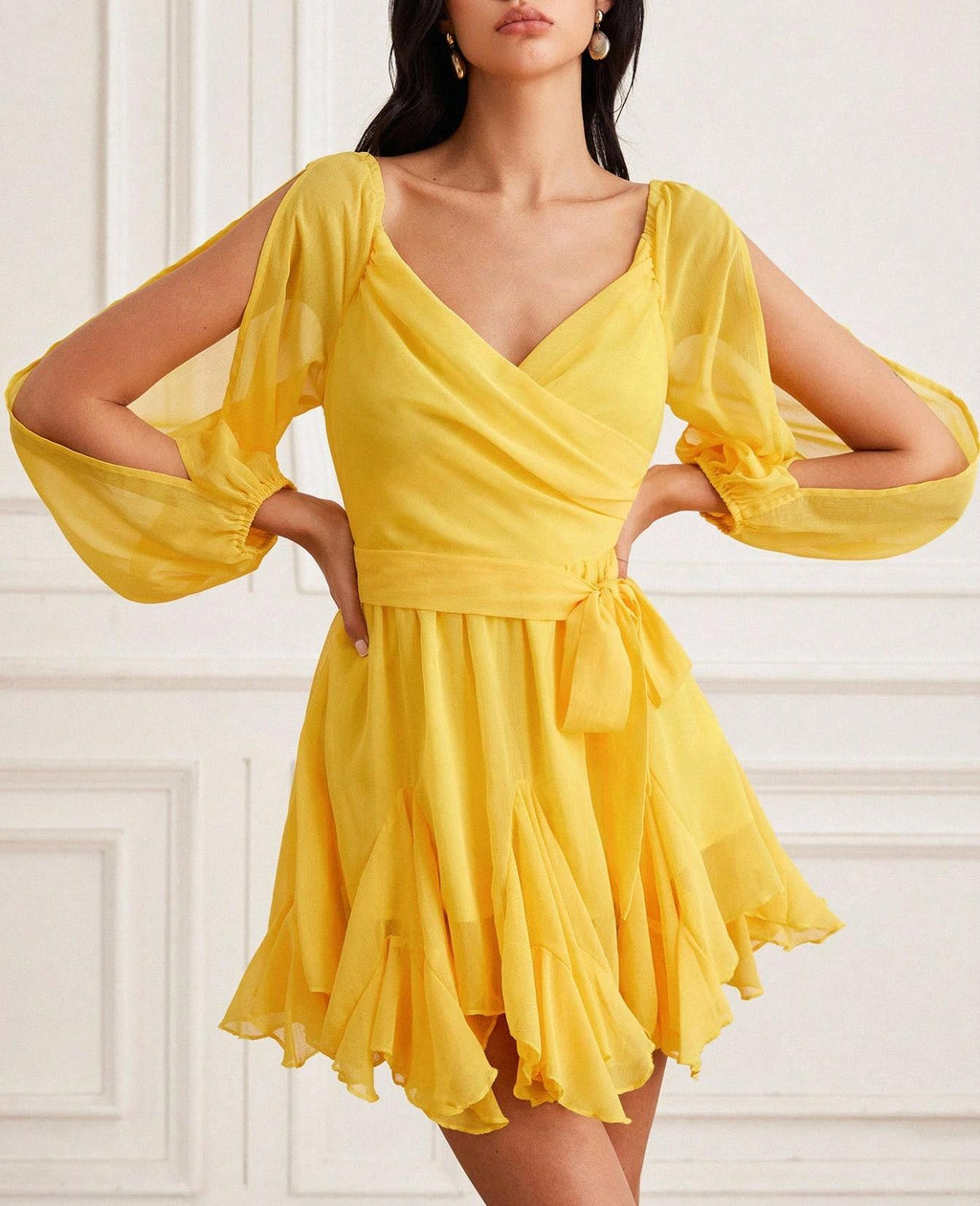 Women's Women Clothing Fall Backless Cross Strap Lantern Sleeve Chiffon Dress