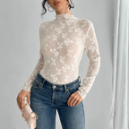 Women's Spring Women Butterfly Jacquard Mesh Slim Fit Stand Up Collar Long Sleeved T Shirt Top