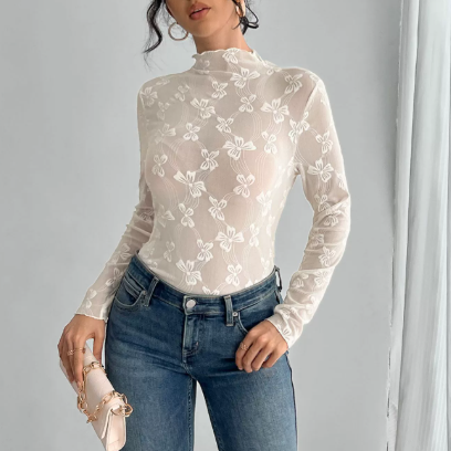 Women's Spring Women Butterfly Jacquard Mesh Slim Fit Stand Up Collar Long Sleeved T Shirt Top