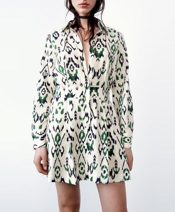 Women's Women's's Polo Collar Long Sleeve Single Breasted Printed Waist Controlled Dress