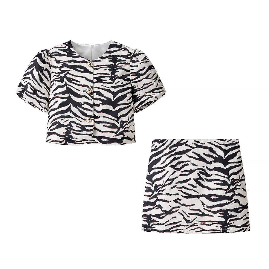 Women's Summer Zebra Pattern Slim Top and Skirt Two-Piece Set