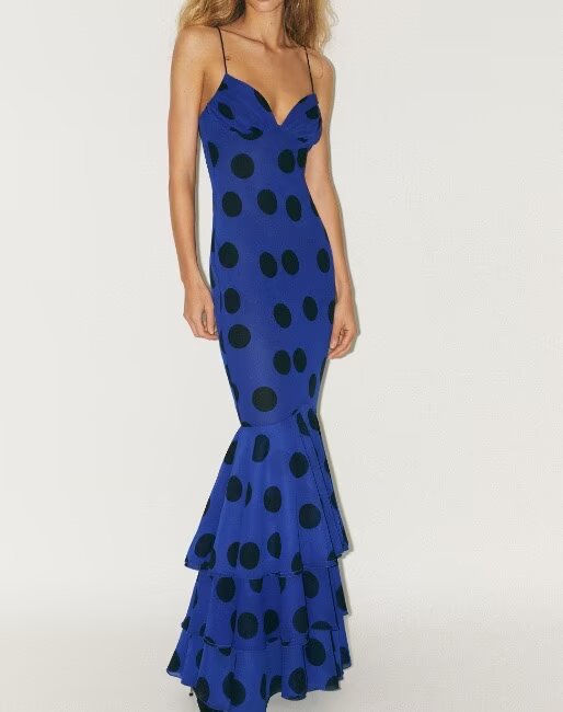 Chiffon Polka Dots Tiered Dress Strap Long