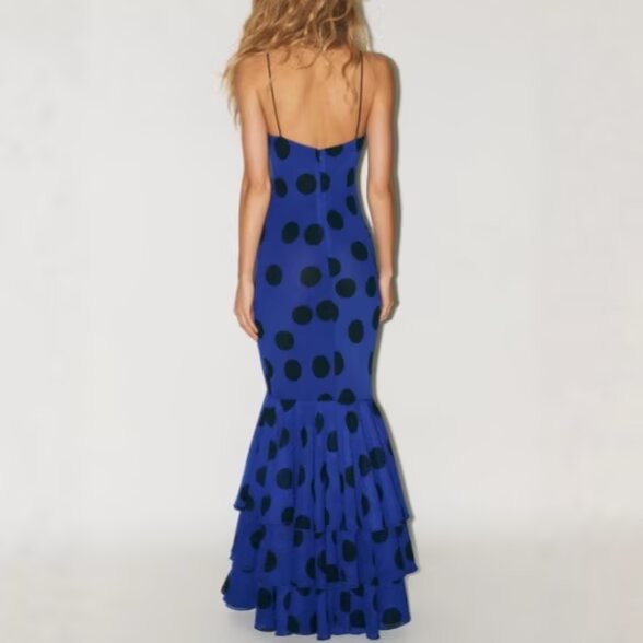 Chiffon Polka Dots Tiered Dress Strap Long