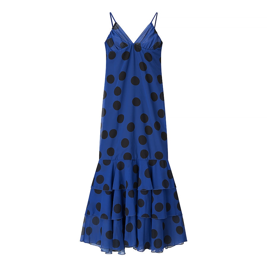 Chiffon Polka Dots Tiered Dress Strap Long
