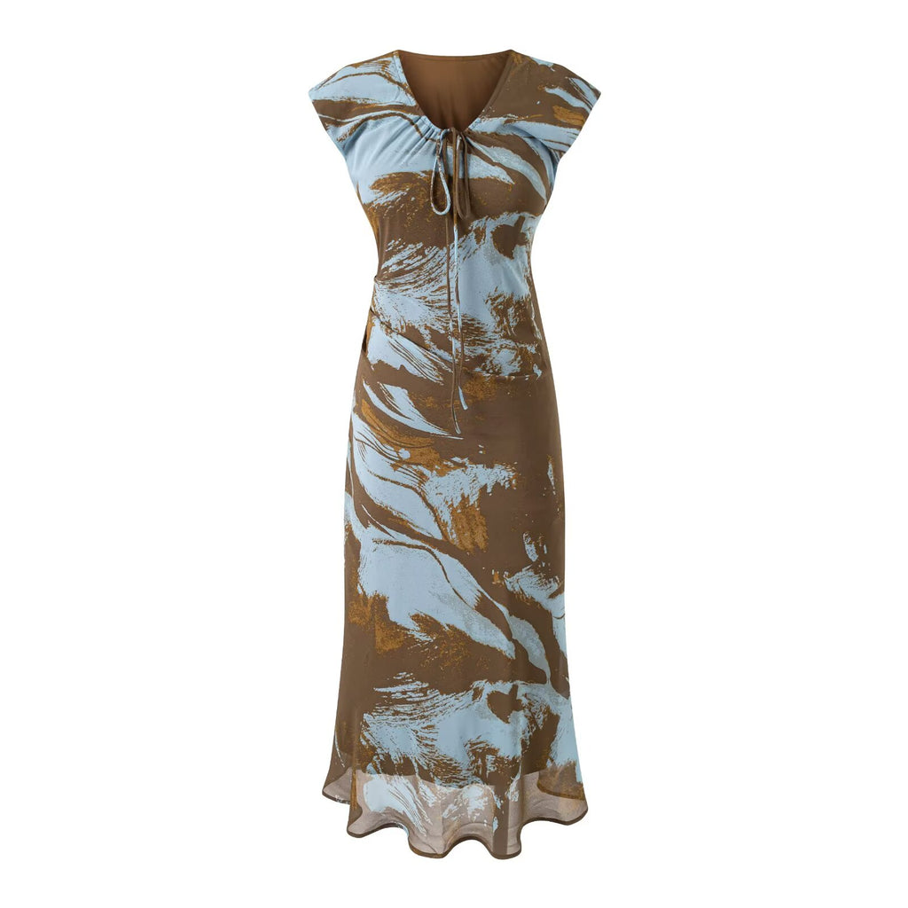 Women's Summer Elegant Blooming Abstract V Neck Lace Up Slim Fit Slimming Long Dress