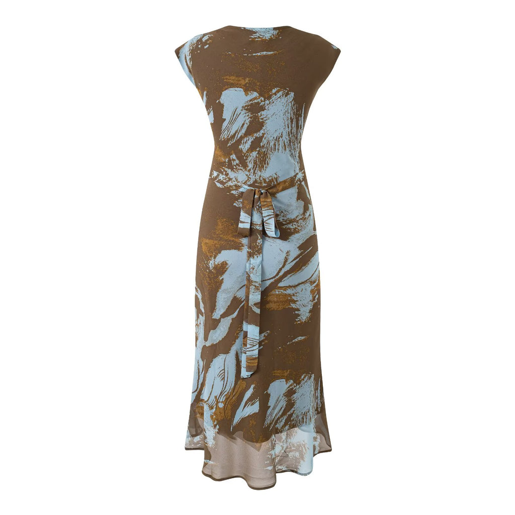 Women's Summer Elegant Blooming Abstract V Neck Lace Up Slim Fit Slimming Long Dress