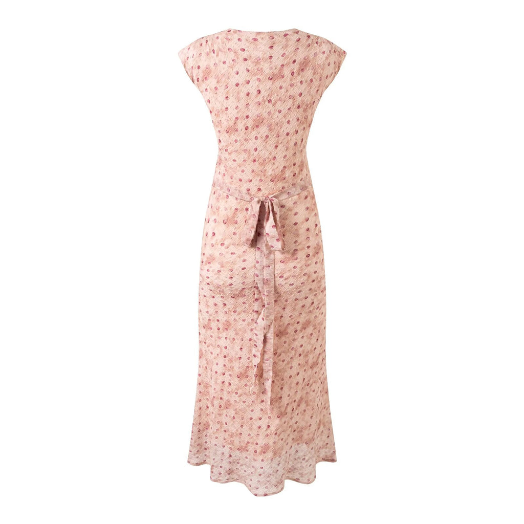 Women's Printed U Neck Drawstring Lace Dress Fishtail Fitted Waist Pleated Lace Up Maxi Dress