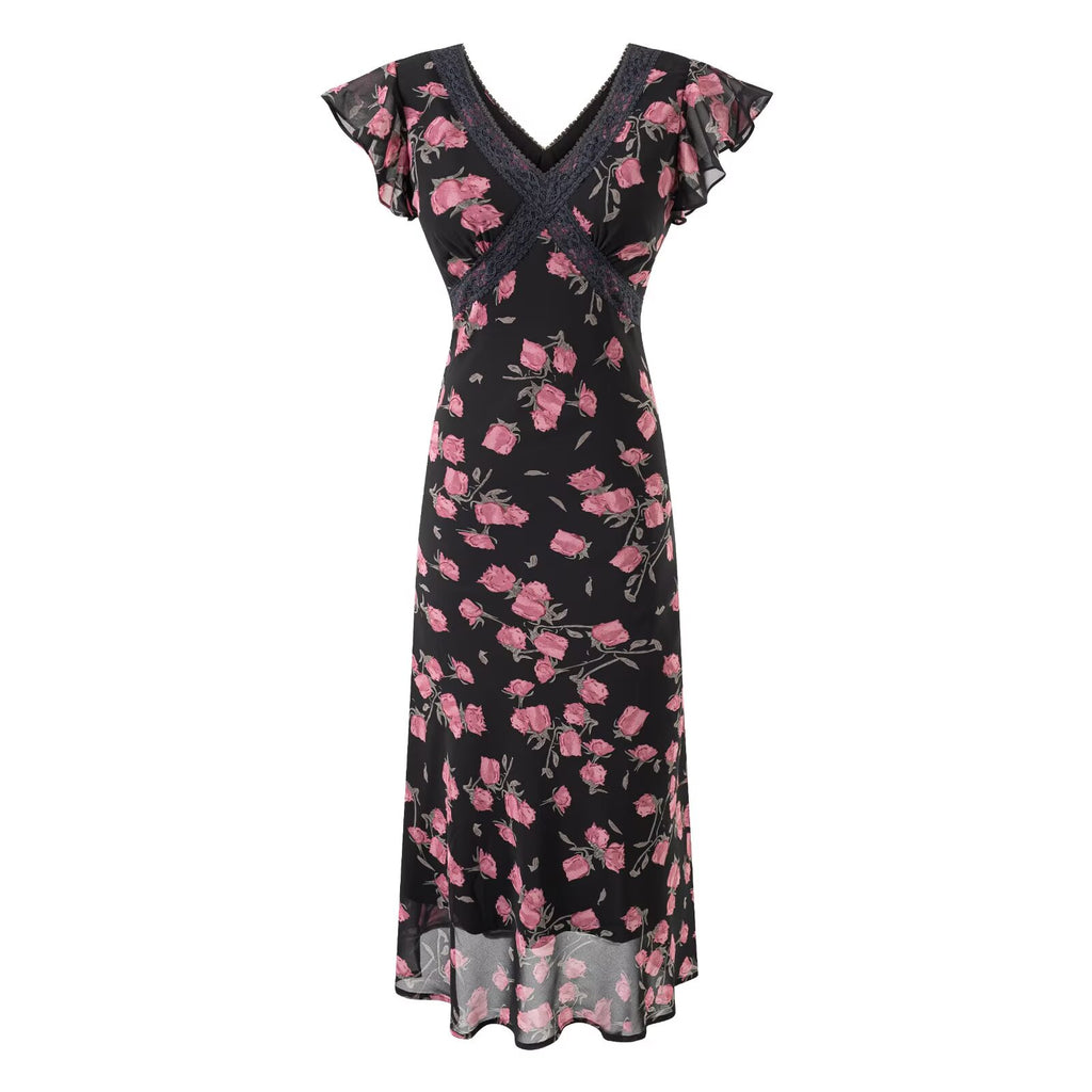 Women's Floral Lace Flutter Sleeve Bodycon Midi Dress