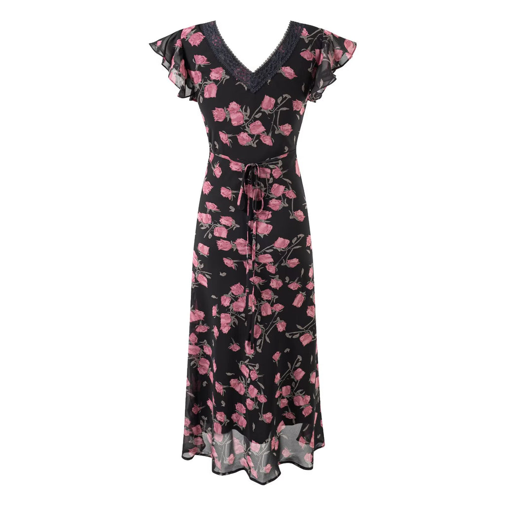 Women's Floral Lace Flutter Sleeve Bodycon Midi Dress