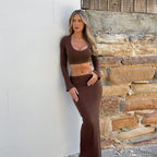 Women's Knitted Short Long Sleeve Top and Skirt Two-Piece Set