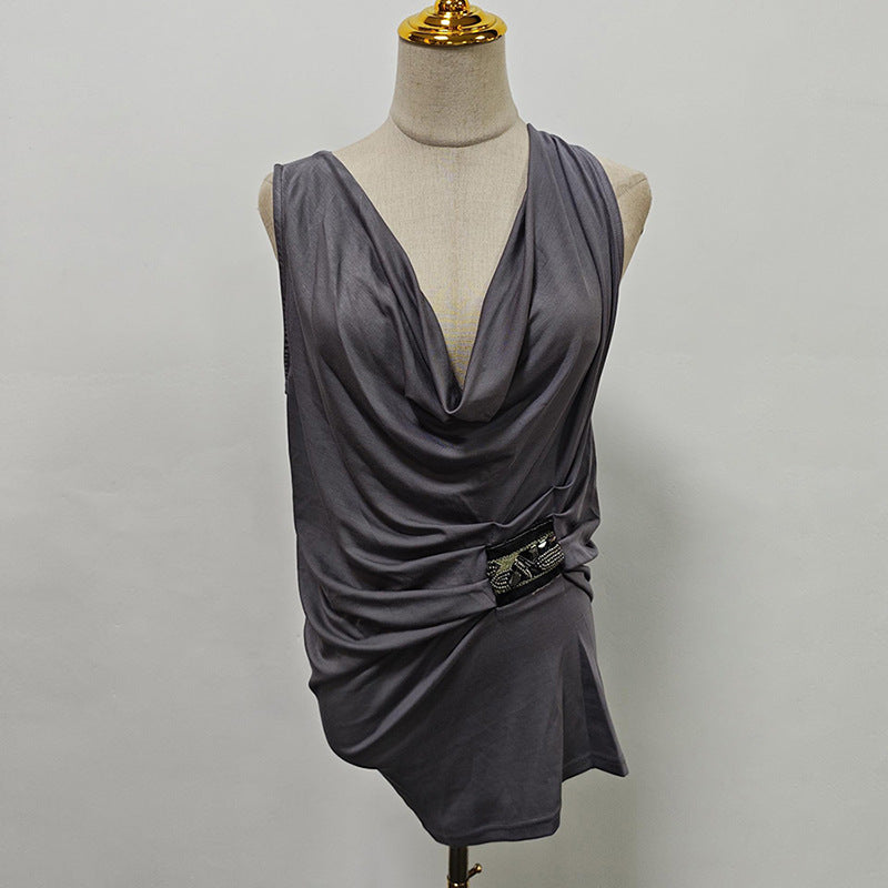 Women's Pleated Cowl Neck Sleeveless Top