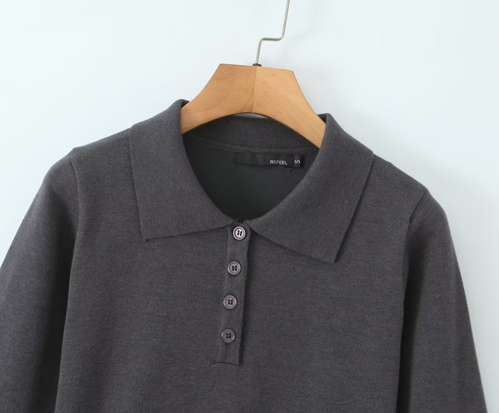 Button-Front Long-Sleeve Knit Dress