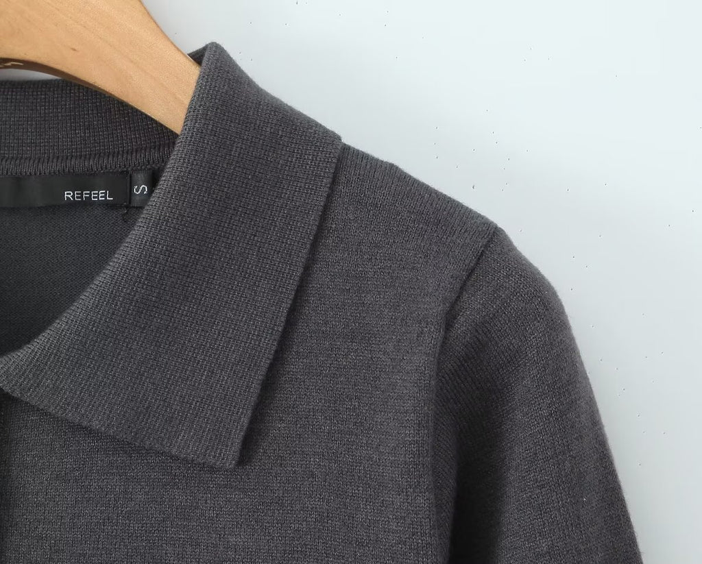 Button-Front Long-Sleeve Knit Dress