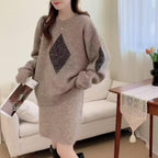 Women's Bright Silk Rhombus Jacquard Sweater And Skirt Two-Piece Set