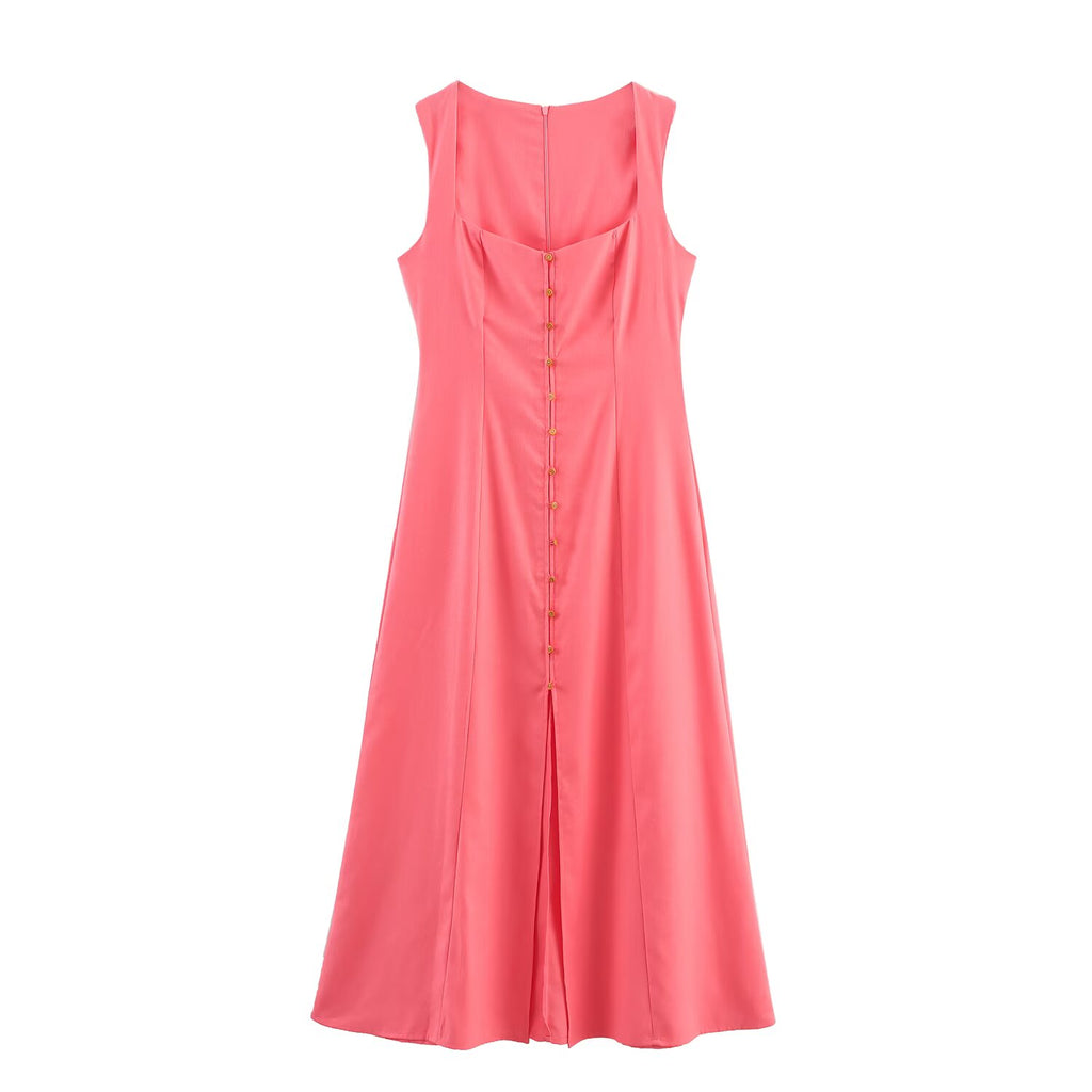 Women's Square-Neck Button A-Line Maxi Dress
