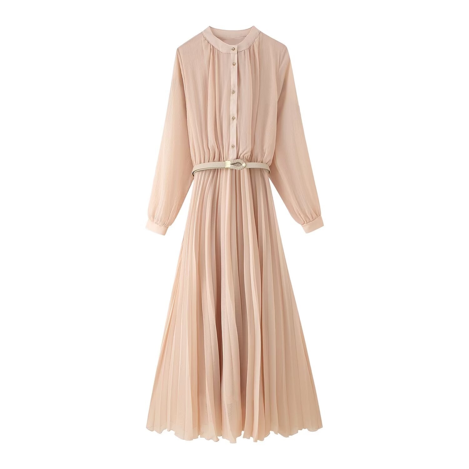 High-Collar Belted Long-Sleeve Pleated A-Line Maxi Dress