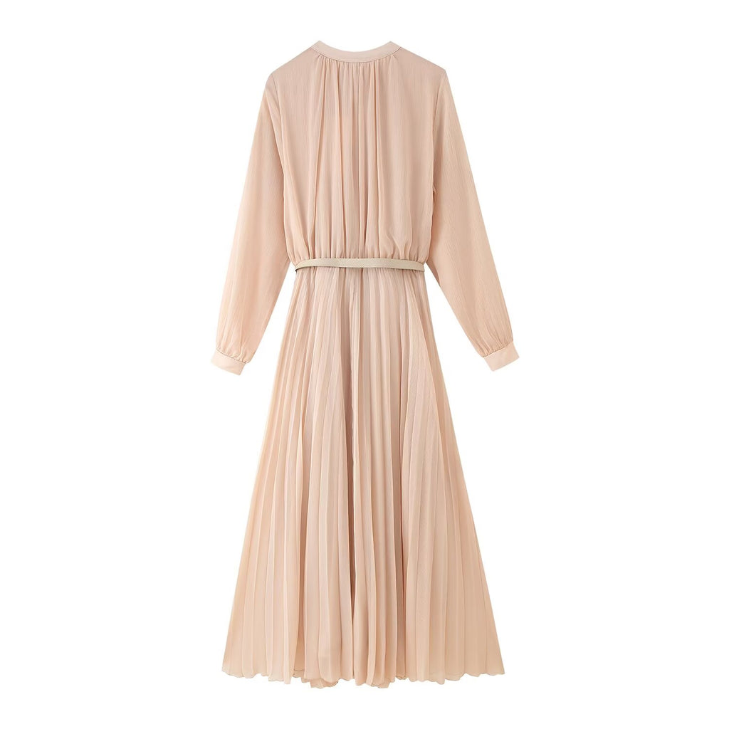 High-Collar Belted Long-Sleeve Pleated A-Line Maxi Dress