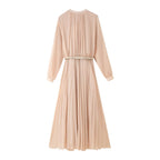 High-Collar Belted Long-Sleeve Pleated A-Line Maxi Dress