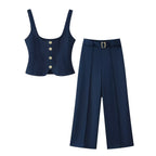 Women's Button Decoration Twill Top Pants Sets