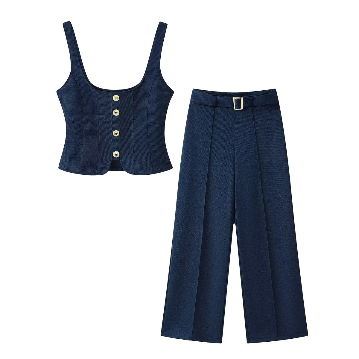 Women's Button Decoration Twill Top Pants Sets