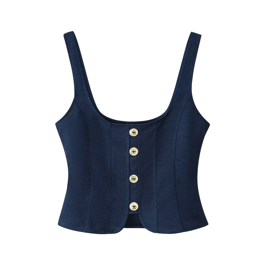 Women's Button Decoration Twill Top Pants Sets