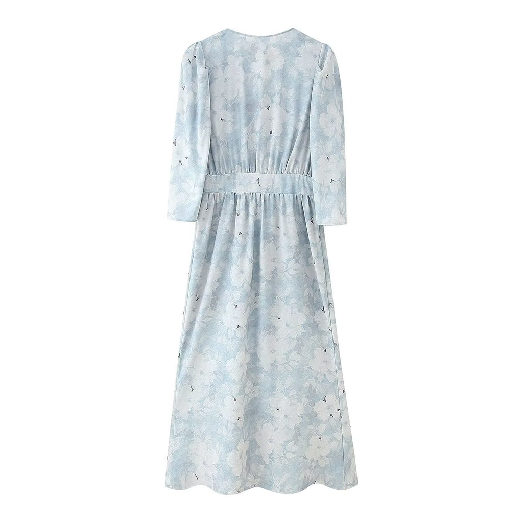 Printed Puff-Sleeve Pearl-Button Dress