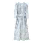 Printed Puff-Sleeve Pearl-Button Dress