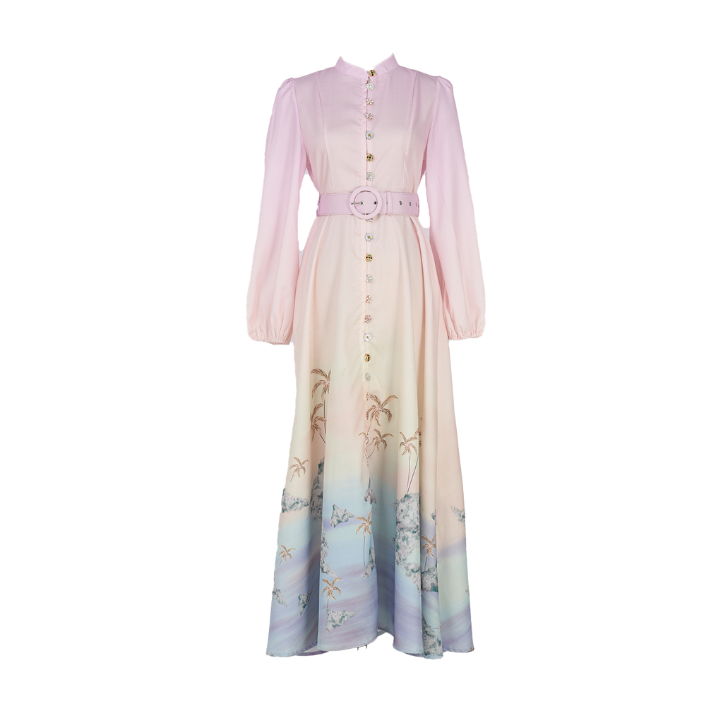 Women's Printed Long A Line With Stand Collar Dress