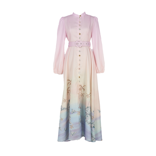 Women Spring Autumn Printed Single Button Stand Up Collar A Line Long Dress
