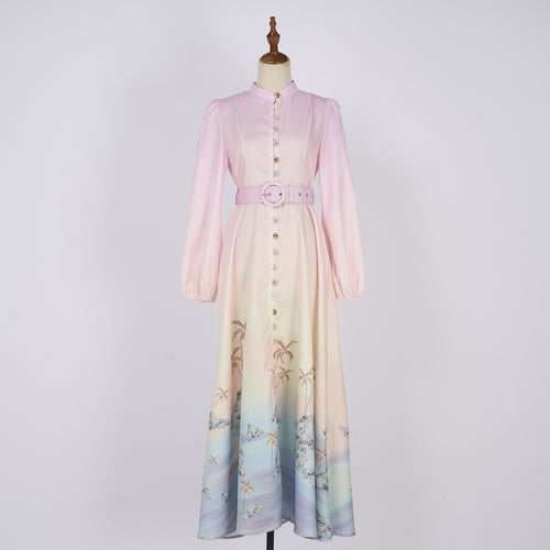 Women Spring Autumn Printed Single Button Stand Up Collar A Line Long Dress